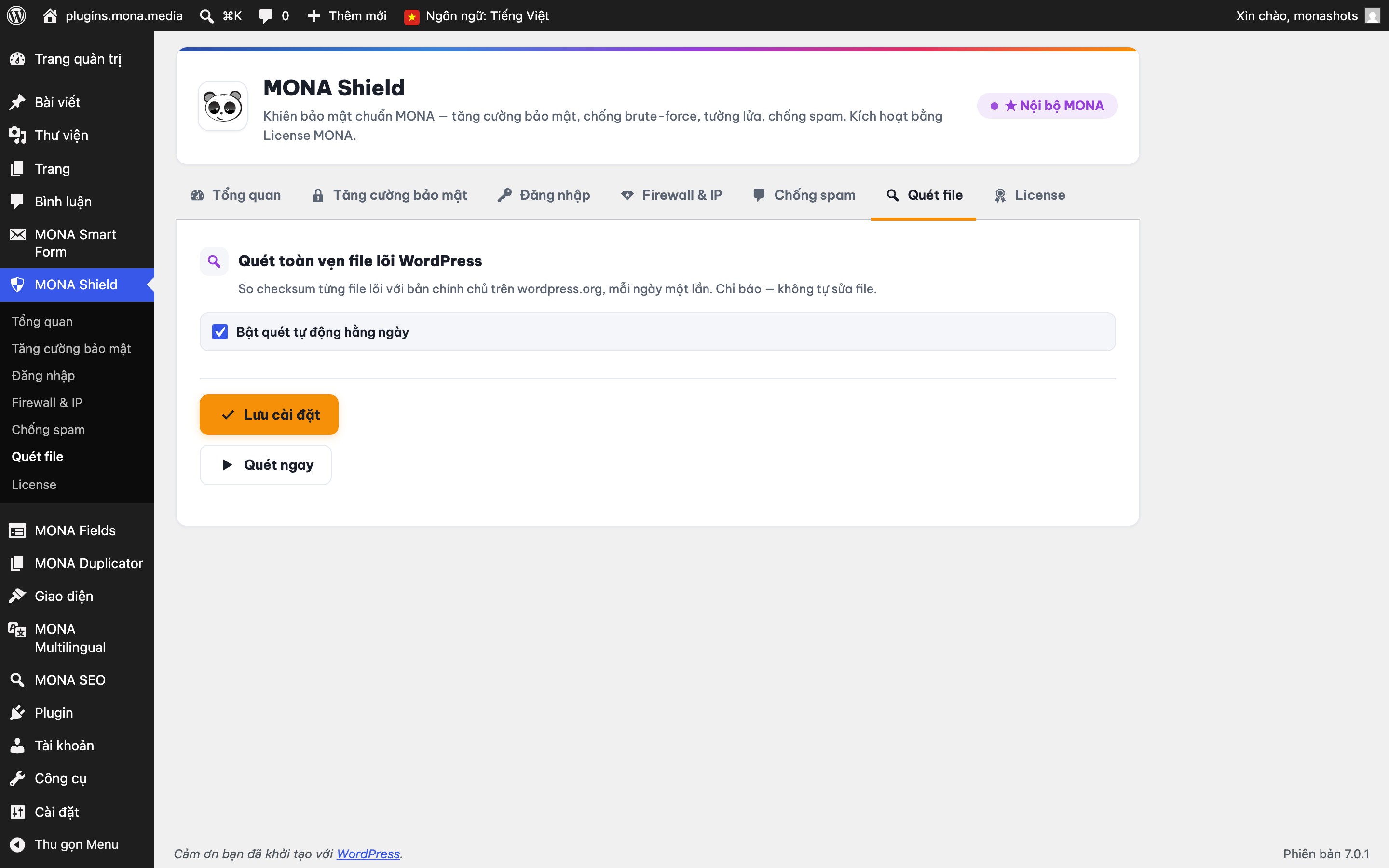 Quét file lõi WordPress