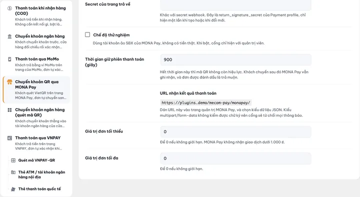 URL nhận kết quả thanh toán