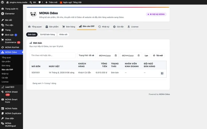 Báo cáo Odoo trong trang quản trị