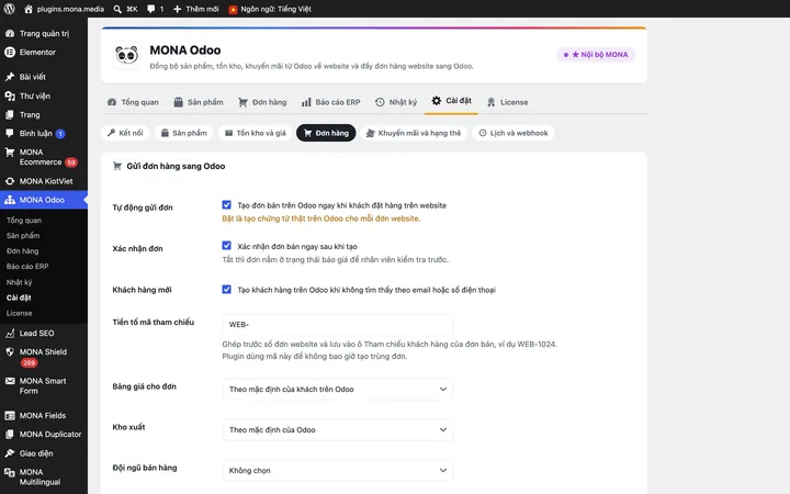 Cài đặt gửi đơn sang Odoo
