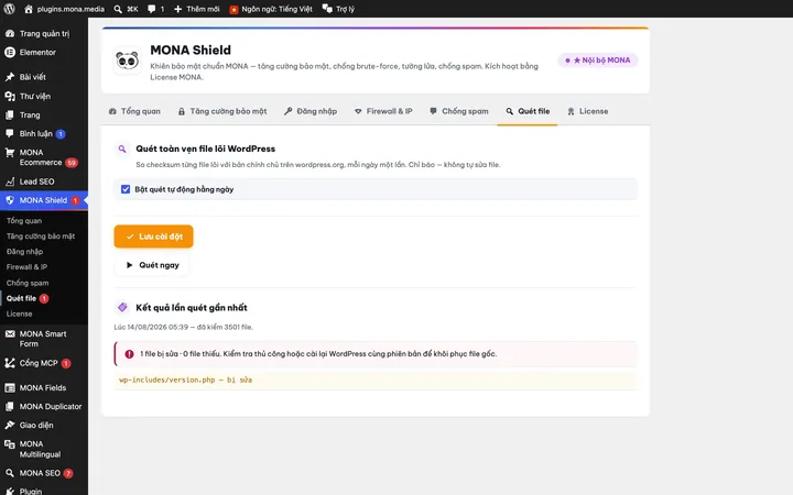 Quét file lõi WordPress